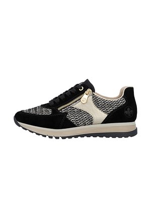 Zwart-beige lage sneaker met gestructureerde gebreide panelen, zijrits, veters aan de voorkant en een gevoerde zool.