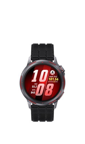 Smartwatch with black fabric strap showing time 10:08, weekly distance 101.56 km, and fitness stats on red and black digital display.