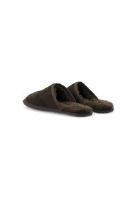 Brune ruskindslipper med faux pelsforing, åben bagside og teksturerede gummisåler for bedre greb. Blød, varm og hyggelig fremtoning.
