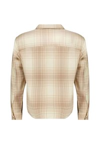 Chemise à manches longues beige et marron clair à carreaux avec des poignets boutonnés, vue de dos sur un fond blanc uni.