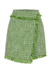 Zelená vlněná skládaná sukně s třásněmi podél okrajů, s texturovanou tkaninou a vysoce kvalitním střihem.