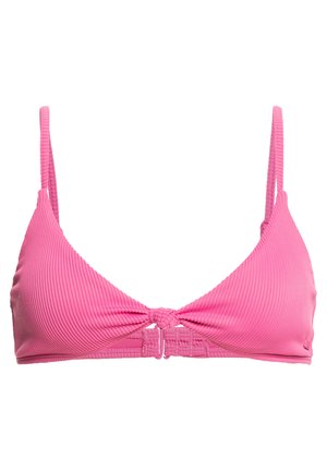 Roze geribbelde bikini-top met verstelbare dunne bandjes, voorzien van een geknoopte middenstuk en haaksluiting op de rug.