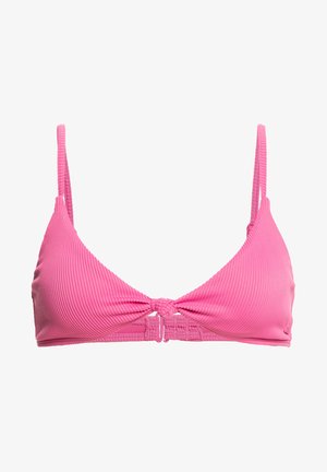 Roze geribbelde bikini-top met verstelbare dunne bandjes, voorzien van een geknoopte middenstuk en haaksluiting op de rug.