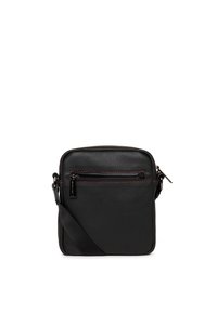 Borsa a tracolla nera in pelle con finitura testurizzata, dotata di una tasca con zip frontale, dettagli in cuciture rosse e una tracolla regolabile.