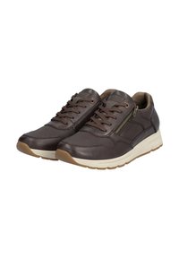 Bruna läder- och textilsneakers med låg profil, snörning och sidodetalj med dragkedja. Gummiyttersula med en beige mellansula.