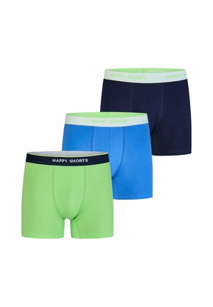 Drei Paar Herren-Boxershorts in Grün, Blau und Navy mit dem Aufdruck "HAPPY SHORTS" auf den elastischen Bundbändern.