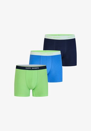 Drei Paar Herren-Boxershorts in Grün, Blau und Navy mit dem Aufdruck "HAPPY SHORTS" auf den elastischen Bundbändern.