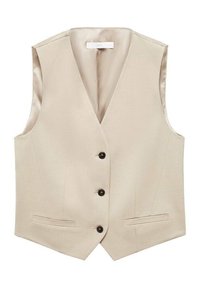 Beige Weste mit glatter Textur, ausgestattet mit fünf schwarzen Knöpfen, zwei Vorderfächern und einem V-Ausschnitt. Gefüttertes Innenfutter für zusätzlichen Komfort.