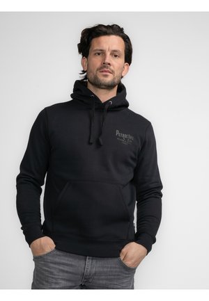 Felpa scura navy realizzata in tessuto morbido, con tasca a marsupio e cappuccio con cordino. Logo stampato sul petto, polsini e orlo senza cuciture.