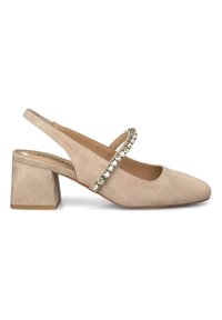 Scarpa slingback in suede beige con punta affusolata, tacco a blocco e una fascia decorativa con gemme trasparenti. Texture liscia con design minimalista.