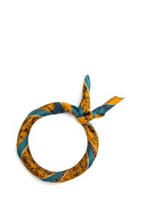 Bandeau en soie avec un motif floral orange et turquoise, au design noué, de forme arrondie et à la texture douce.