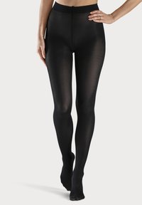 Schwarze blickdichte Strumpfhosen mit glatter Textur und elastischem Bund, die ein eng anliegendes Design aufweisen und die Beine vollständig bedecken.