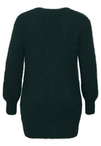 Mørkegrøn, fluffy sweater med lange ærmer, ribbet struktur og rund halsudskæring. Har en lang ryg for ekstra dækning.