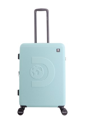 Light blue hard-shell suitcase with embossed globe design, black telescopic handle, and four black spinner wheels with "Discovery" branding.