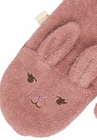 Brown and pink rabbit-shaped mitt, featuring embroidery for facial features and soft, textured terry cloth material. Includes ear accents.
