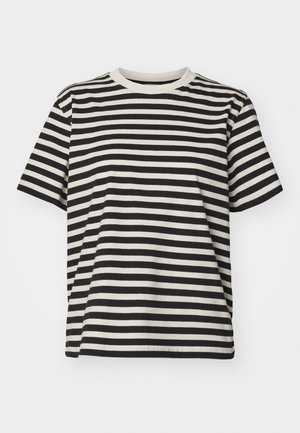 T-shirt rayé en tissu doux, avec des rayures horizontales noires et crème, col ras du cou, manches courtes et coupe décontractée.