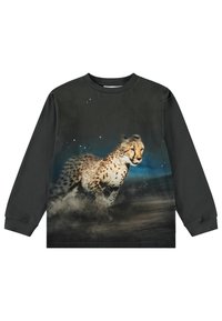 Schwarzes Langarm-T-Shirt mit einem Grafikdesign eines sprintenden Gepards, das auf einem dunklen, abstrakten Hintergrund mit einer strukturierten Drucktechnik dargestellt ist.