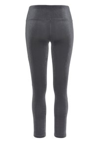 High-waisted gray leggings with a soft texture and sleek design, featuring a smooth waistband and fitted ankle-length legs.