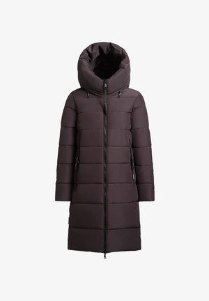 Donkerpaarse gewatteerde jas met een grote capuchon, ritssluiting en twee zijzakken; beschikt over horizontale stiksels en een gladde textuur.