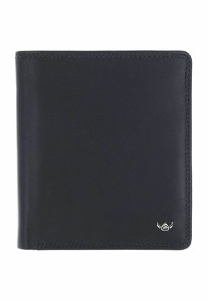 Portefeuille en cuir noir pliable avec coutures visibles et petit emblème logo argenté en bas à droite.