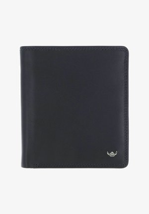 Portefeuille en cuir noir pliable avec coutures visibles et petit emblème logo argenté en bas à droite.