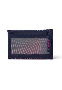 Navy Stoffgeldbörse mit einem Netzbereich in pinken und lila diagonalen Streifen. Sie verfügt über einen Reißverschluss und ein pinkes Markenlabel.