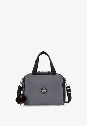 Gray nylon handbag with black accents, rectangular shape, dual top handles, adjustable strap, and a fluffy monkey keychain detail.