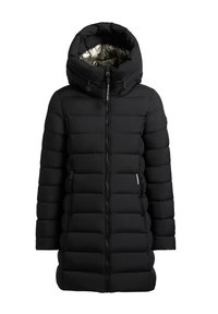 Svart puffjacka med metallisk fodrad huva, dragkedja fram och sidofickor. Har en kviltad design och en slät yttre textur.