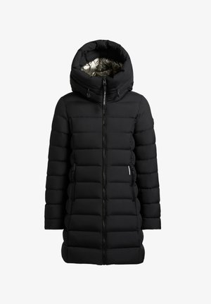 Cazadora de plumas negra con capucha forrada de metal, cierre frontal con cremallera y bolsillos laterales. Presenta un diseño acolchado y una textura exterior suave.