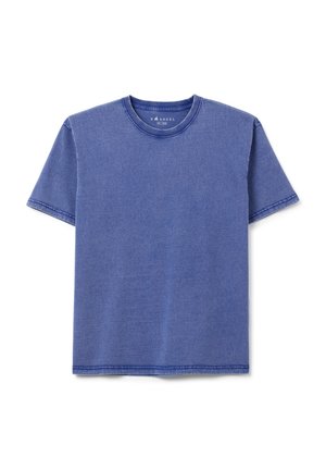 Blaues T-Shirt mit kurzen Ärmeln aus Baumwolle, mit rundem Ausschnitt und einer weichen, glatten Textur. Verziert mit gestickten Akzenten entlang der Nähte.