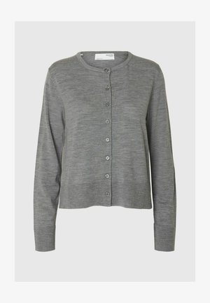 Cardigan in lana grigia con scollo rotondo, maniche lunghe e chiusura centrale con bottoni. Presenta una trama liscia e sette bottoni frontali.