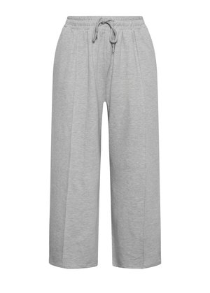 Pantaloni da tuta grigi a gamba larga realizzati in tessuto morbido con vita elastica e coulisse regolabile. Presentano tasche laterali e una superficie liscia.