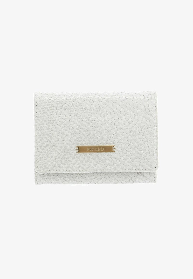 Portefeuille blanc texturé avec un motif effet peau de serpent et une petite plaque dorée gravée "PICARD" sur le rabat avant.