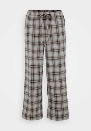 Grey plaid wide-leg pants made of soft fabric with an elastic waistband and drawstring. Features black and brown check patterns throughout.