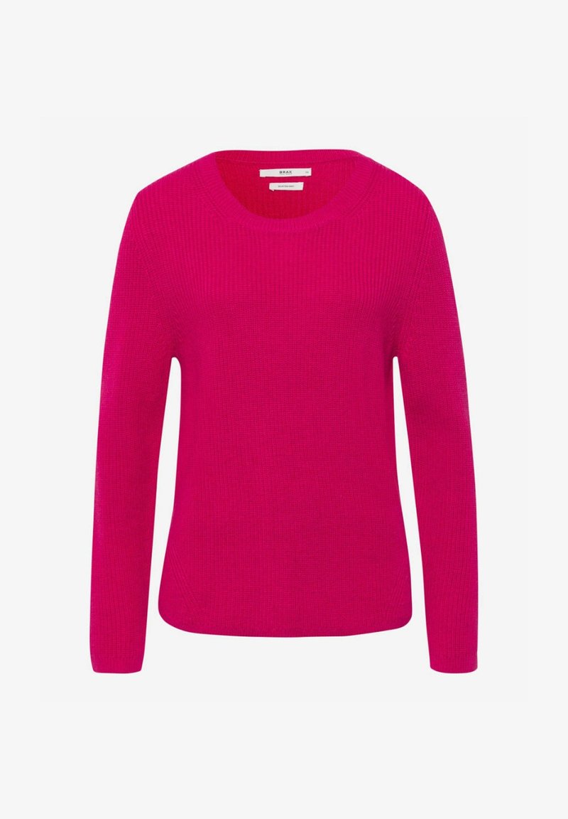Pull tricoté rose vif à manches longues avec un col rond et un motif côtelé texturé.