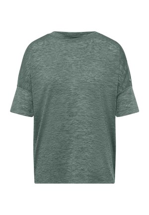 Vihreä meleerattu lyhythihainen pyöreäkauluspaita, jossa lasketut hartiat ja rento istuvuus, esitetty valkoista taustaa vasten.