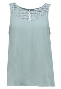 Ärmlös topp i mjuk, ljus teal-färgad tyg med en texturerad spetsinlägg och dekorativa knappar bak, skuren för en avslappnad passform.