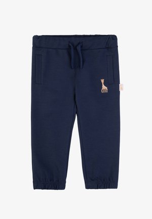 Marineblaue Jogginghose mit geripptem Bund und Kordelzug. Sie verfügt über zwei seitliche Taschen und ein gesticktes Giraffenlogo am linken Bein.