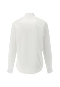 Camicia bianca a maniche lunghe con colletto classico, texture liscia, orlo arrotondato e polsini con bottoni. Nessun motivo o accentuazione visibile.