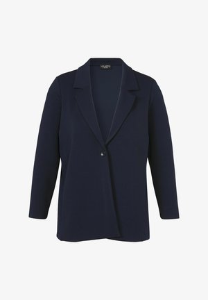 Blazer bleu marine à un bouton, manches longues, col à revers cranté et coupe légèrement décontractée.
