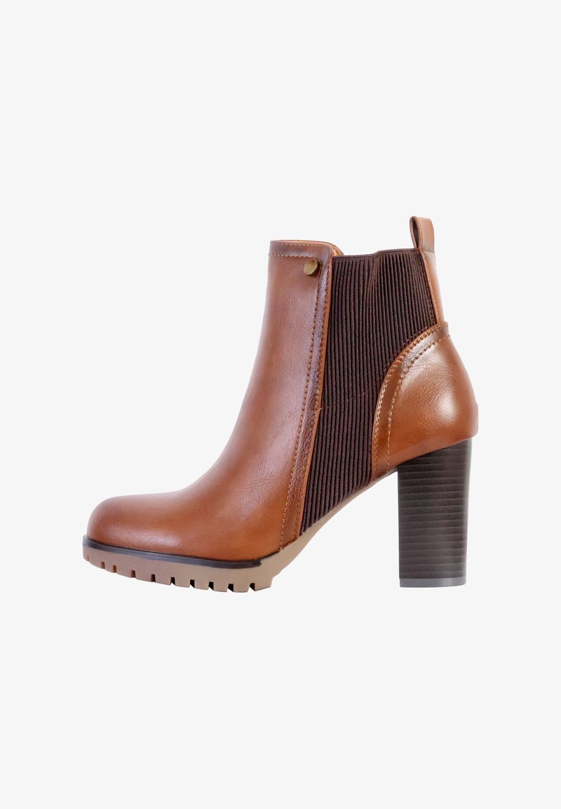 Braune Leder-Stiefelette mit einem strukturierten, dunkelbraunen Seitenteil, runder Spitze und einem klobigen, hohen Absatz. Sie verfügt über eine Ziehlasche und eine Gummisohle.