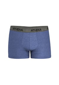 Boxers bleus pour hommes en tissu doux, dotés d'une ceinture élastique grise avec "ATHENA" imprimé en noir.