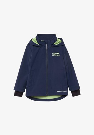 Veste à capuche zippée pour enfants, bleu marine, doublure vert citron, poches latérales, poignets noirs, avec texte "GAME ON, LET'S PLAY !" sur la poitrine.