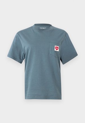 Blue short-sleeve crew neck t-shirt with chest pocket and red and white Carhartt WIP logo patch on pocket.