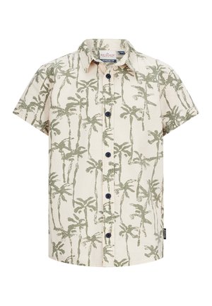 Korte mouw shirt van crèmekleurige stof met een groen palmbomenpatroon. Voorzien van een knoopsluiting aan de voorkant en donkerblauwe knopen. Casual fit en kraagontwerp.