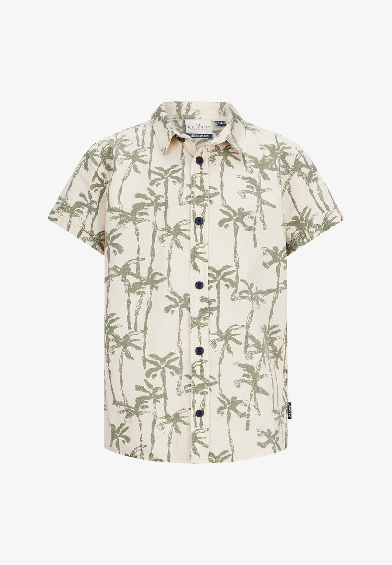 Korte mouw shirt van crèmekleurige stof met een groen palmbomenpatroon. Voorzien van een knoopsluiting aan de voorkant en donkerblauwe knopen. Casual fit en kraagontwerp.