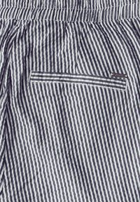 Shorts en tissu rayé avec des rayures verticales alternées bleu marine et blanches, taille élastique et une poche arrière avec fermeture éclair.