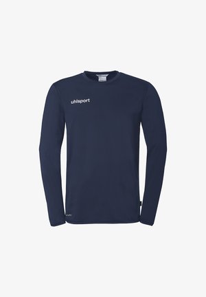 Diepblauw sportshirt met lange mouwen en ronde hals, "uhlsport" logo op de linkerborst en de tekst "climate FIT" nabij de zoom aan de onderkant.