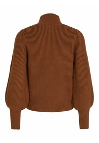 Pull brun en maille épaisse avec col montant, manches longues bouffantes, et poignets et ourlet côtelés ajustés, vu de dos.