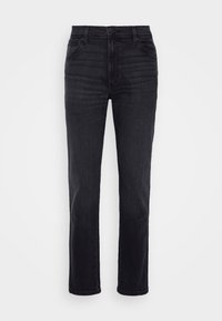 Jeans de mezclilla negra con corte recto, diseño de cinco bolsillos y un ligero desgastado. Cuenta con una cinturilla estándar y cremallera.